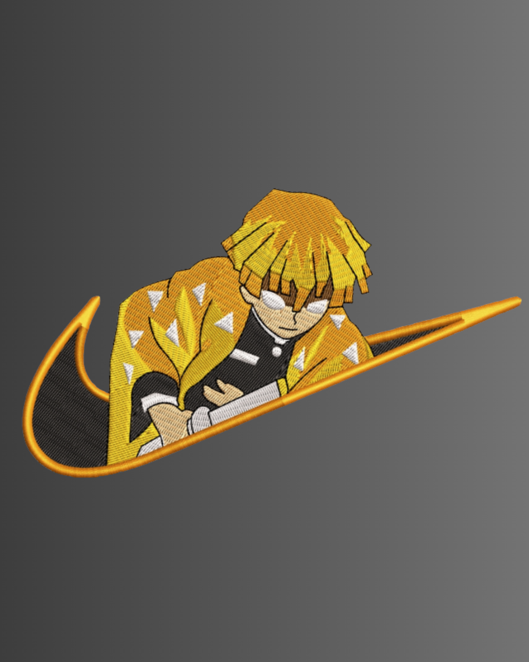 An embroidered patch featuring the anime character Tanjiro Kamado from Demon Slayer, wearing his signature yellow and black coat with white triangle patterns, set against a dark gray gradient background.